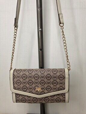 Anne Klein AK Monogram Small Crossbody Bag Cream Brown Gold